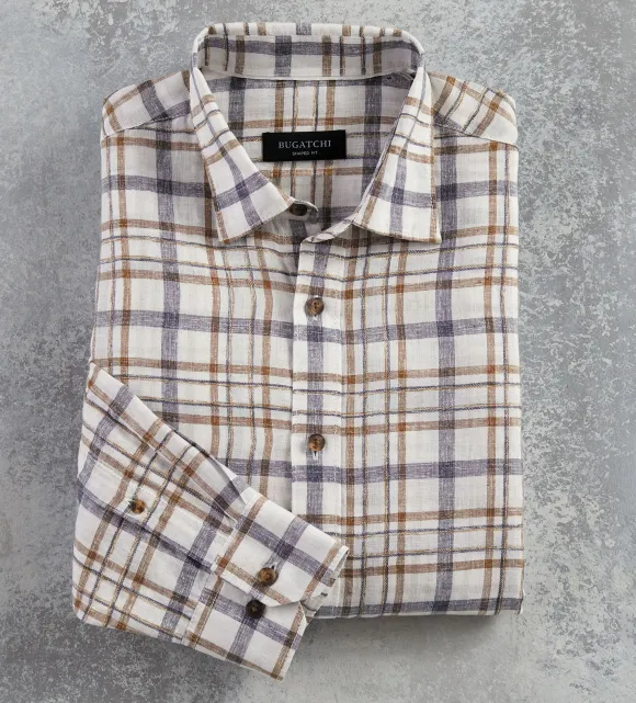 Bugatchi Plaid Linen Long Sleeve Shirt